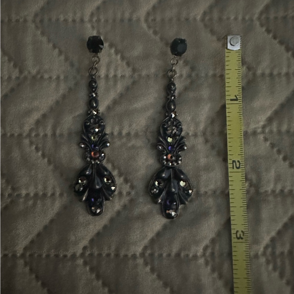 Elegant Black, Silver with Multicolored Stones Drop Earrings - Picture 2 of 2
